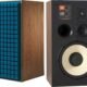 JBL - 12" 3-Way Bookshelf Loudspeakers (Each) - Satin Walnut Wood Veneer With Blue Grille