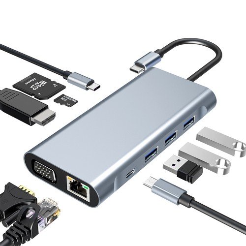 Type-C Hub 10 in 1 USB C to 4K HDMI RJ45 PD 100W Charge USB3.0 SD/TF